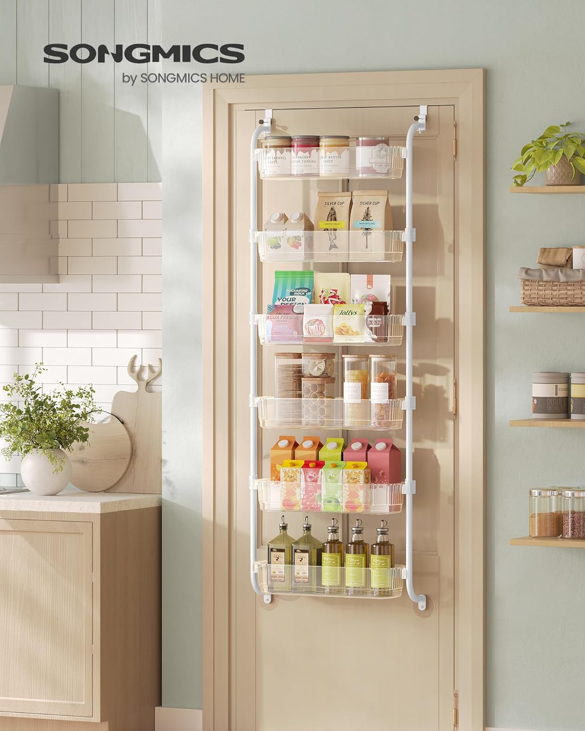 SONGMICS Over the Door Pantry Organizer, 6-Tier Kitchen Pantry Door Organizer with Adjustable Tall Baskets, Hanging Spice Rack, for Bedroom Bathroom Laundry Room, Transparent