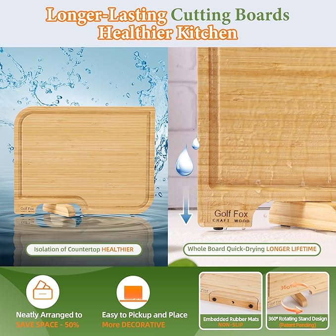 4-PCS Bamboo Cutting Board Set with Innovative Stand - Durable Double Sided Wooden Cutting Board with Juice Groove & Handle for Meal Prep, Meat, Charcuterie Serving, Eco-Friendly Healthy Kitchen Gift