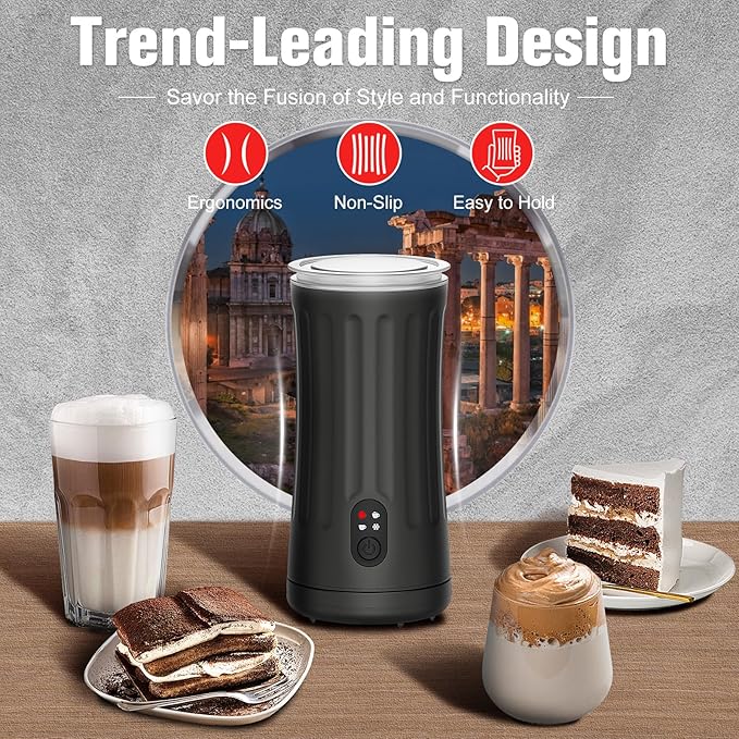 CookSwift Milk Frother, 4-in-1 Milk Steamer and Frother, 8.1oz/240ml Automatic Warm and Cold Foam Maker, Auto Shut-Off Frother for Coffee, Latte, Cappuccino, Macchiato(Black)