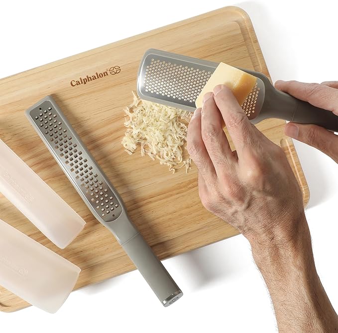 Calphalon Edge 2 Piece Stainless Steel Handheld Cheese Grater and Lemon Zester W/Covers & Rubber Handles - Taupe