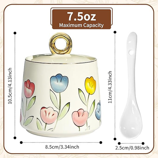 JUSONEY Ceramic Sugar Bowl with Lid and Spoon with Floral Pattern, Gold Trim - 7.5oz Elegant Sugar Jar with Lid and Spoon, Nordic Style for Kitchen, Dining, Cafe, Gift Idea (A)