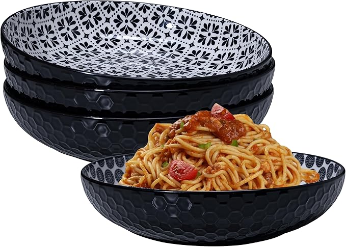 LEHAHA Ceramic Pasta Bowls Set of 4, 8.25" Large Porcelain Salad Bowls Soup Bowl for Serving Soup, Pasta, Noodle, Dinner, Large Kitchen Bowl Plates, Microwave & Dishwasher Safe,Black
