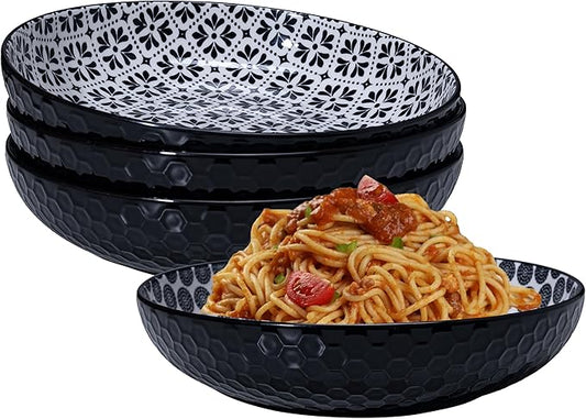 LEHAHA Ceramic Pasta Bowls Set of 4, 8.25" Large Porcelain Salad Bowls Soup Bowl for Serving Soup, Pasta, Noodle, Dinner, Large Kitchen Bowl Plates, Microwave & Dishwasher Safe,Black
