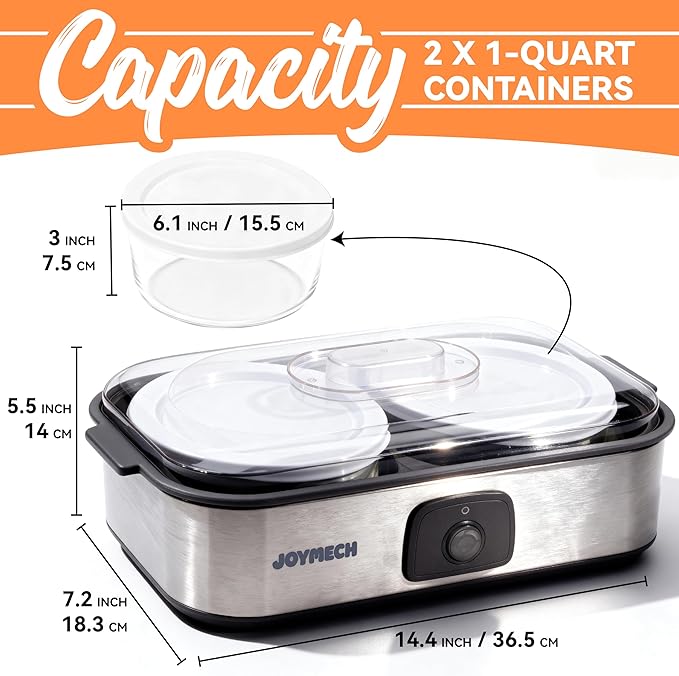 Yogurt Maker Machine with Two 1-Quart Containers for Larger Batches, Oatmeal, Pudding, or Jello, Food-Grade Martial, One-touch Control, Homemade Yogurt