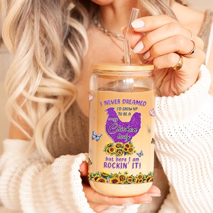 Chicken Gifts for Women 16 Oz Glass Cup with Lid and Straw Chickens Lady Coffee Mug Farm Animal Drinking Cups Mothers Day Birthday Christmas Gift Ideas for Farmer Mom Aunt Friends