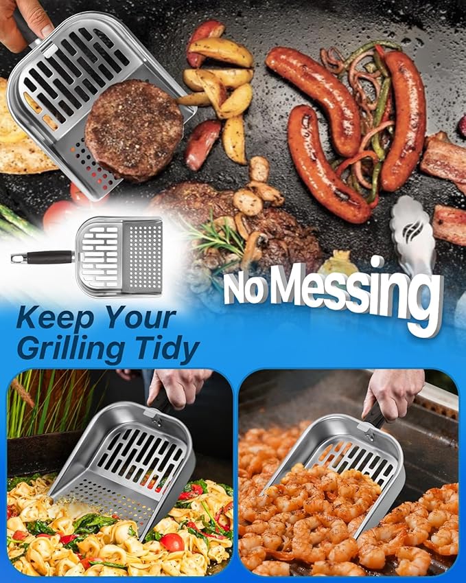 Griddle Scoop for Blackstone with a Any-Edge Hook, Stainless Steel Griddle Portable Food Mover for Stir Fry and Move Food, Sifting Grill Shovel, 2 Pack