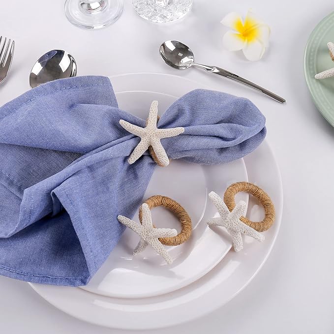 Napkin Rings Set of 6,White Sea Star Napkin Holders for Crafts,Starfish Serviette for Tables,Summer,Wedding, Birthday, Banquet, Thanksgiving Day, Christmas