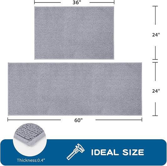 PURRUGS Machine Washable Kitchen Rug Set [2 PCS] (24" x 36"+ 24" x 60"), Non-Slip/Skid Kitchen Runner Rugs & Floor Mats, Super Absorbent Soft Area Rugs for Sink, Kitchen & Laundry, Grey