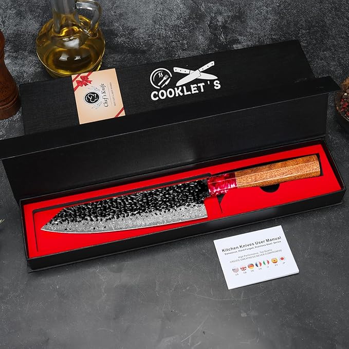 COOKLET'S Kitchen Knife, 8 Inch Damascus Sharp Kiritsuke Knife, Professional Japanese VG10 Steel Core Chef Knife, G10 Ergonomic Color Wooden Handle with Luxury Gift Box for Home