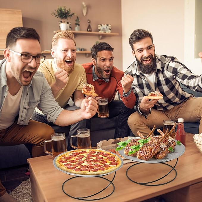 Affbei 12 Pcs Pizza Pan Riser Stands Pizza Spatula Sets Includes 4 Metal Pizza Table Stands 4 Pizza Pan and 4 Wood Handle Pie Server, Pizza Rack Stand Pizza Tray for Oven Pizza Dessert Cheese Baking