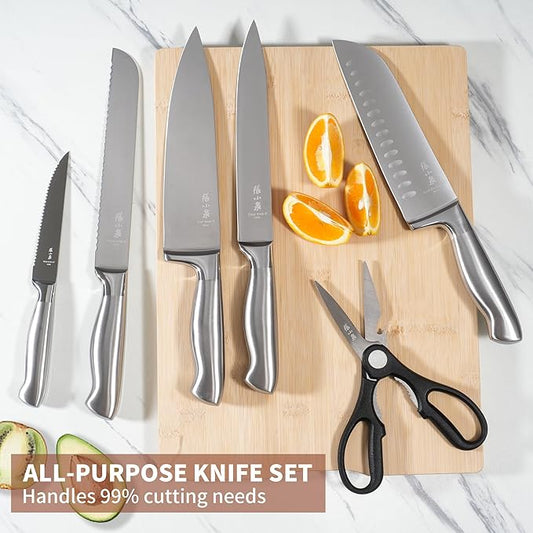 15Pcs Knife Set with Block, 50Cr15MoV High Carbon Stainless Steel Kitchen Knife Set, Sharp and Durable, Hundreds of Years of Masterful(Silver)
