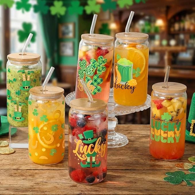 6 Pcs St Patrick's Day Glass Cups Shamrock Tumbler with Bamboo Lids and Straws 16 oz Irish Lucky Clover Reusable Can Shaped Drinking Glasses Bulk for St Patrick's Day Party Supplies