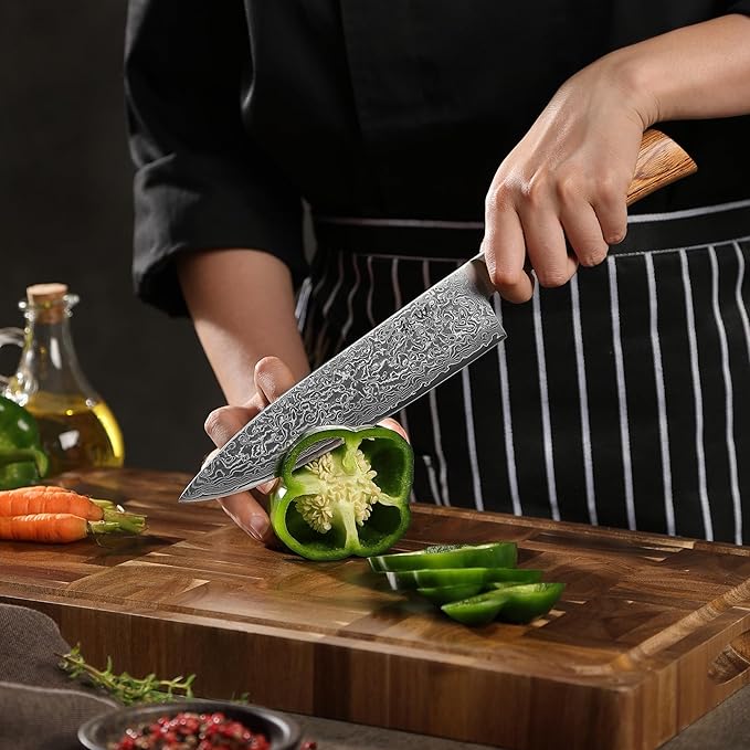 Wakoli EDIB Pro Damascus Chef Knife – Japanese Style Kitchen Knife | 7.9-Inch Genuine Damascus Steel Blade with VG10 Core | Ergonomic Pakkawood Handle | Professional Cooking Tool