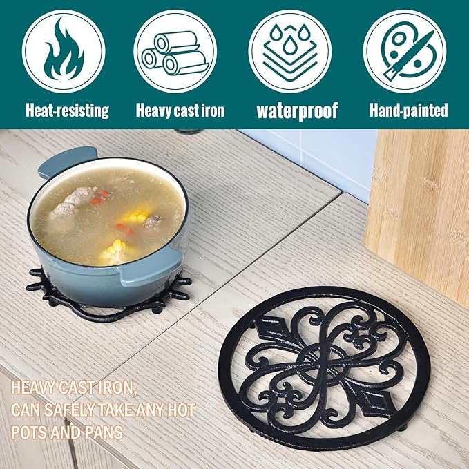 Sungmor Heavy Duty Cast Iron Trivet – 8 Inch Round Metal Hot Pot Stand, Rust-Resistant Heat Protector for Kitchen, Dining Table & Countertop, Black Vintage Decorative Hot Plate Pad