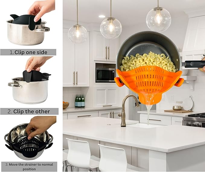Clip on Strainer Silicone for All Pots and Pans, Colander, Pot Strainer for Pasta, Meat, Vegetables, Space Saving Design, Food-Safe with Collapsible Funnel, Garlic Peeler, 3 Pack (Orange)