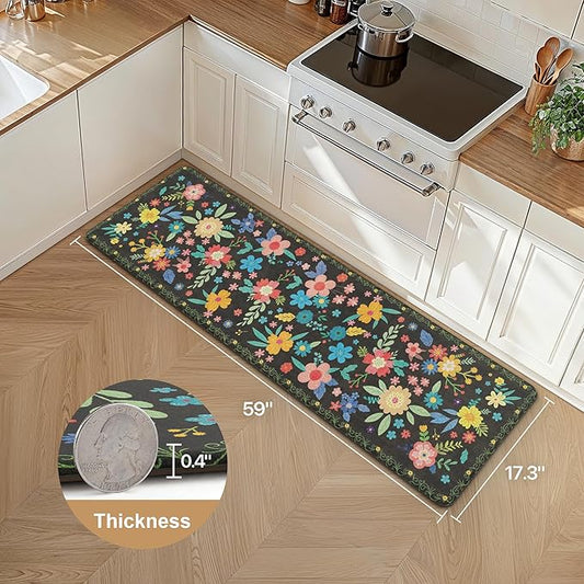 GENIMO Kitchen Mats for Floor, Cushioned Kitchen Rugs Non Slip Washable, Farmhouse Anti Fatigue Mat Waterproof, Comfort Standing Mat Rug for Office, Home, Sink, Laundry, Garage, 17.3"x59", Black