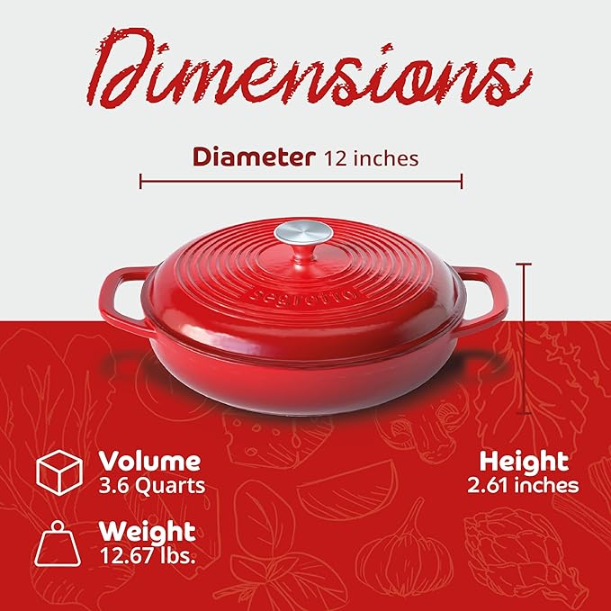 Segretto Cookware Enameled Cast Iron Braiser, 3.6 Quarts, 30cm, Red