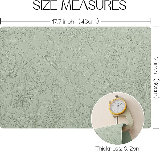 Romanstile Vinyl Placemats Set of 8-12 X 17 Inch - Heat Resistant Non-Slip Embossed Floral Place Mats 100% Waterproof Oilproof Wipeable Faux Leather Table Mats for Kitchen/Dining/Party, GrassGreen