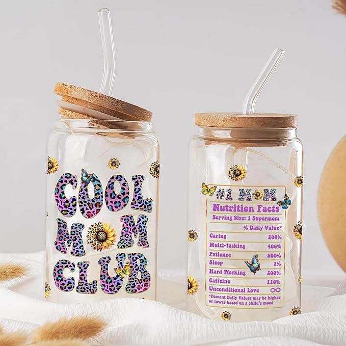 Mothers Day Gifts for Mom 16 Oz Cool Mum Club Glass Coffee Cup with Lid and Straw Funny Mama Drinking Tumbler Unique Birthday Present Ideas for Mother Her Wife from Daughter Son Husband
