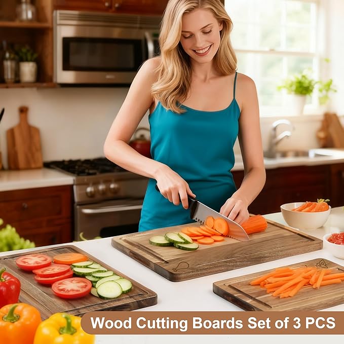 Acacia Wood Cutting Board for Kitchen,Built-In Handles with Juice Groove Chopping,Large Medium Small Board Set of 3 for Meat, Vegetables And Fruits,Kitchen Essential Gift (Gray)