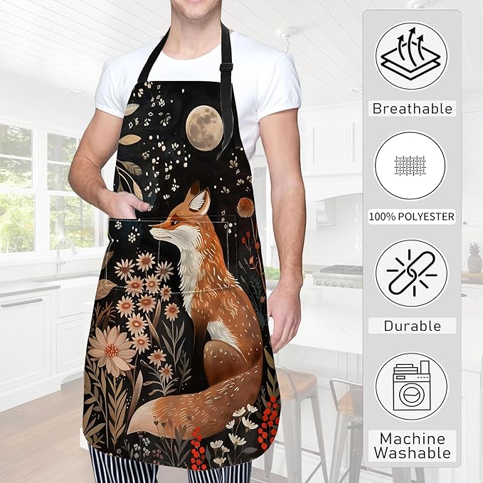 Fox Apron Autumn Flowers and Moon Aprons Waterproof Oxford Polyester Adjustable Pockets Design for Cooking, Crafting, Garden Decor, Gifts for Nature Lovers, 28x33 Inch