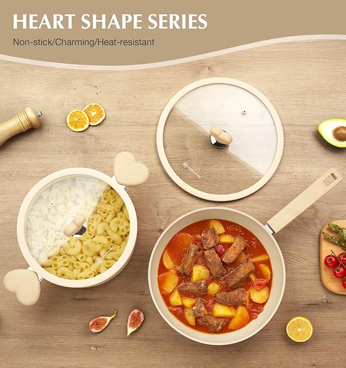 Wok with Lid, 5 Quart Wok Pan with Nonstick Cream Interior, Nonstick Wok with Cool-touch Heart-shaped Handles, Flat Bottom Woks with Lid, Deep Pan Induction Compatible, Cream Woks - 11 Inch