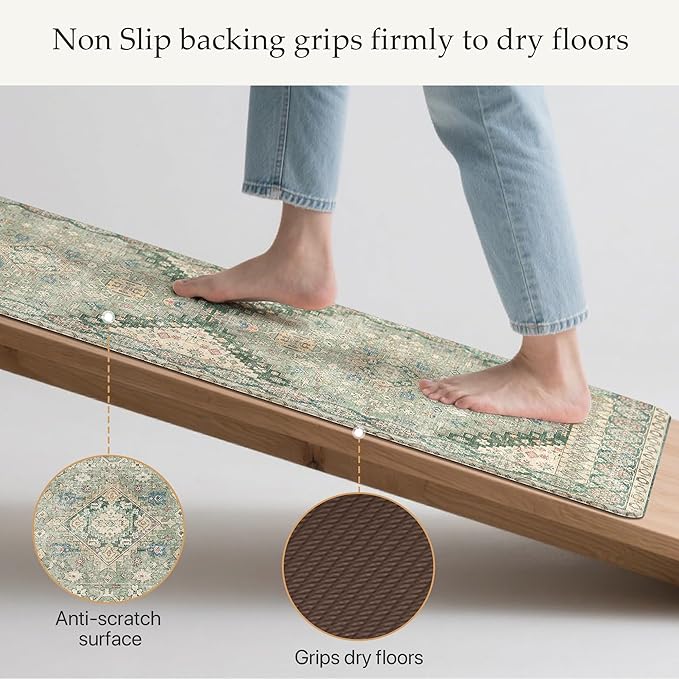 GENIMO Kitchen Mats for Floor, 2PCS Kitchen Rugs Non Slip Washable, Waterproof Anti Fatigue Mat, Comfort Standing Runner Rug for Sink, Office, Laundry, Home, 17.3"x47"+17.3"x30", Green