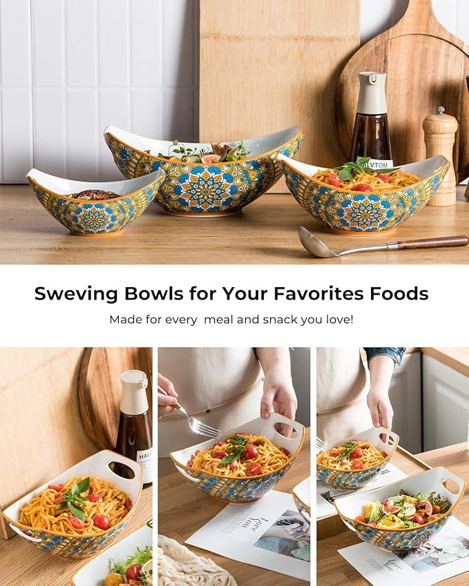 LAUCHUH Serving Dishes for Entertaining, Porcelain Serving Bowls with Handles Bohemian Salad Bowls Set Nesting Bowls for St. Patrick's Day Party, Set of 3, 15/28/49 oz, Blue and Yellow