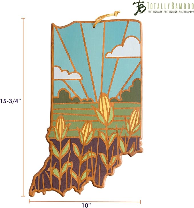 Totally Bamboo Indiana State Shaped Cutting Board and Charcuterie Serving Platter with Artwork by Summer Stokes, Includes Hang Tie for Wall Display