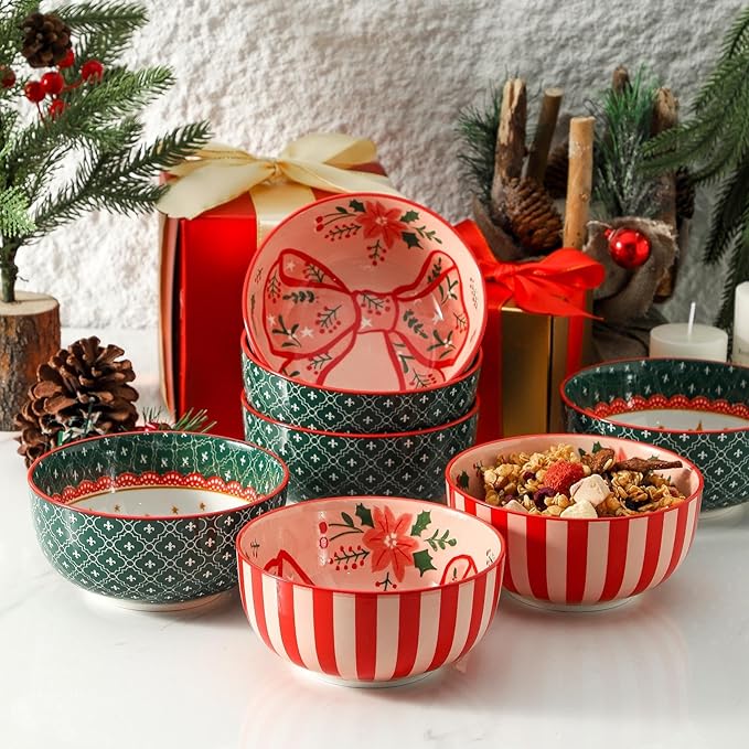 Tikooere Ceramic Soup Bowls Set of 6,30 Ounce Stoneware Cereal Bowl,Porcelain Nesting Bowls for Oatmeal,Popcorn,Soup,Pasta,Fruit,Christmas Gift,Microwave & Dishwasher Safe,Christmas Bow