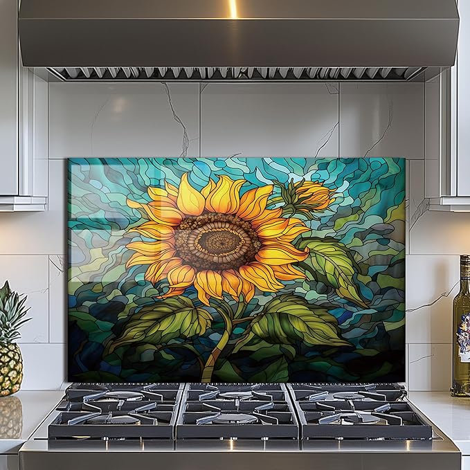Evgosm Tempered Glass Backsplash for Kitchen， Stove Splashback, sunflower Glass Backsplash, Used for Kitchen Wall Protection and Decoration, Easy to Install and Clean. (30x20'')
