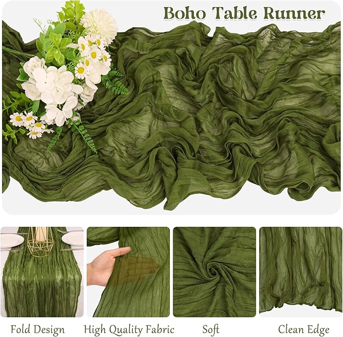 10 Pack Olive Green Cheesecloth Table Runner 10FT Boho Gauze Fabric Table Runner Vintage Rustic Sheer Runners for Wedding Party Bridal Baby Shower Long Table Decorations