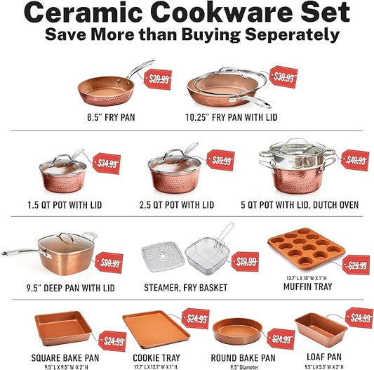 Gotham Steel Hammered 24 Pc Ceramic Cookware Set Nonstick, True Ceramic Pots and Pans Set Non Stick with Deep Square Pan Set & Bakeware Set, Non Toxic PFOA PFOS Free, Oven & Dishwasher Safe