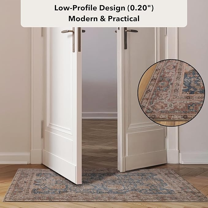 Kuden 2'6"x7' Runner Rug, Machine Washable Area Rug with Non-Slip Backing, Vintage Style, Soft, Easy Clean, Low Pile Rug for Hallway, Entryway, Kitchen, Bedroom