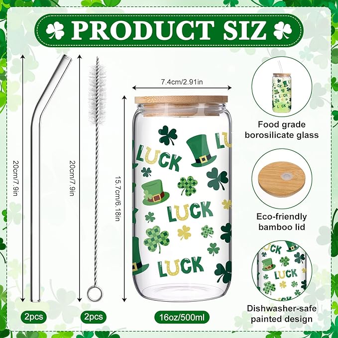 Jinei 2 Pcs Glass Cup Set 18 Ounce Glasses Cups with Bamboo Lids and Straws Tumbler for couple Mug for Women Men Birthday Party Favor Gift(St Patricks Day)
