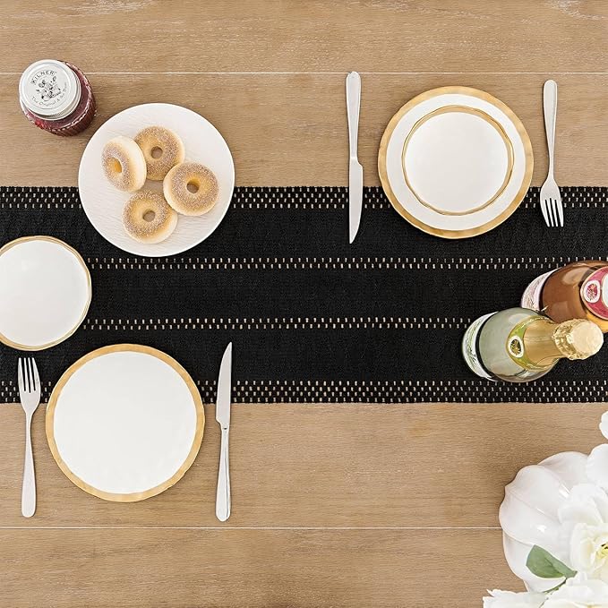 ZeeMart Macrame Style Boho Table Runner, Black Table Runners 60 Inches Long, Farmhouse Woven Home Decor, 12x60 Inch, Black
