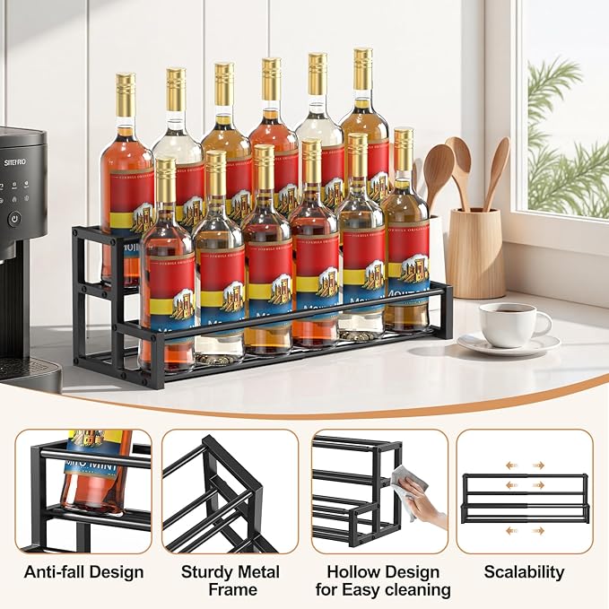 Expandable Coffee Syrup Organizer, Heavy Duty Syrup Rack Enlarged 6-12 Bottles Syrup Holder for Coffee Bar Accessories, Width Adjustable Space-Saving Storage Coffee Rack for Syrup, Liquor, Dressing