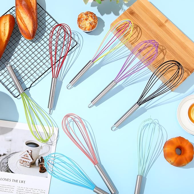 Domensi 8 Pcs 12 Inch Whisks Bulk for Cooking Silicone Whisks Non Scratch Stainless Steel Egg Beater Colorful Coated Metal Heat Resistant Egg Beaters for Valentines Day Party Favor Gift Supplies
