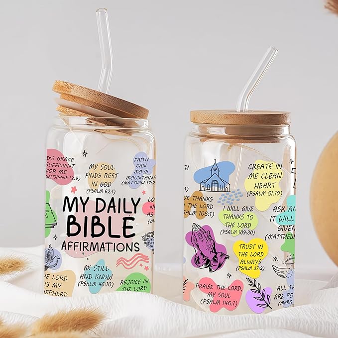 16 Oz Bible Verse Coffee Mug for Women Daily Bible Affirmations Glass Cup with Lid & Straw Women of the Bible Drink Cup Inspirational Mother’s Day Religious Christian Gifts for Mom Aunt Nana