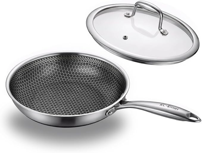KC-Emier 8 Inch Non-Stick Frying Pan with Lid Tri-Ply Stainless Steel Pan with Stay-Cool Handle Oven & Dishwasher Safe For Induction, Ceramic & Gas Stovetops