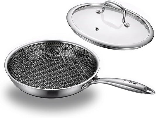 KC-Emier 8 Inch Non-Stick Frying Pan with Lid Tri-Ply Stainless Steel Pan with Stay-Cool Handle Oven & Dishwasher Safe For Induction, Ceramic & Gas Stovetops