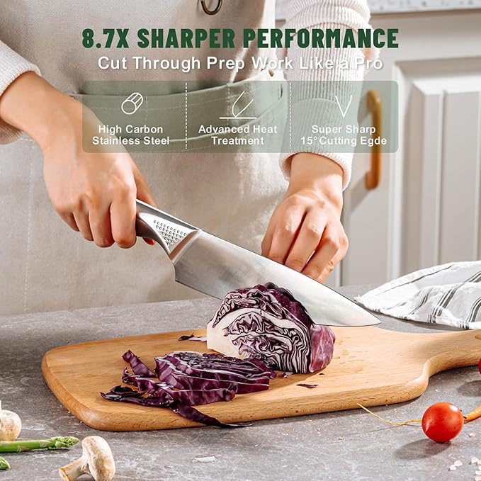 Knife Set, EWFEN 14-Piece Kitchen Knife Set with Block, German Stainless Steel Knives with Built-in Knife Sharpener, Anti-Slip Concave-dotted Handle Sharp Knives Set for Kitchen, Dishwasher Safe