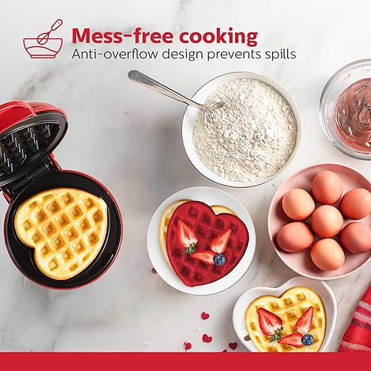 Holstein Housewares Personal Non-Stick Heart Waffle Maker, Red - 4-inch Waffles in Minutes, Mini Heart Ideal for Breakfast, Brunch, Lunch or Snacks