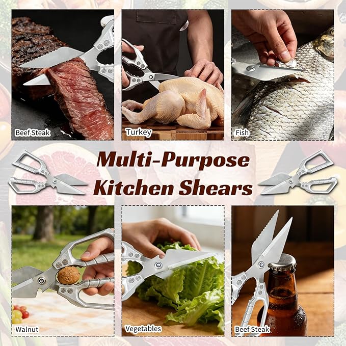Kitchen Scissors Silver, Multifunctional Kitchen Shears For Food with Ergonomic Handle,Stainless Steel Kitchen Shears,Sharp Cooking Scissors for Chicken, Meat,Turkey, Seafood, Bone Cutting