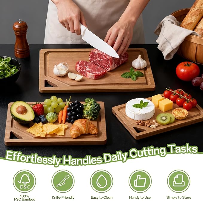 Bamboo Cutting Board Set with Holder，3 Packs Wood cutting boards with Non-Slip Rubber Padding, Deep Juice Grooves & Built-in Handles, Bamboo Chopping Boards Set for Meat, Vegetables and Fruits