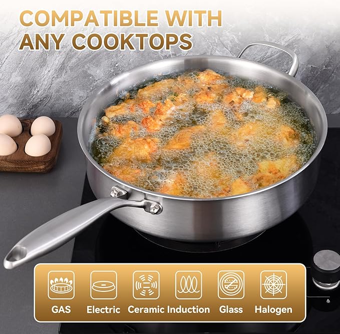 Inqibee Tri-Ply Stainless Steel 8 Quarts Sauté Pan with Lid, 13 Inch Induction Deep Frying Pan, Large Skillet,Jumbo Cooker, Dishwasher and Oven Safe,Detachable Handle.