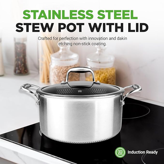 NutriChef 5 QT Stainless Steel Stew Pot - Triply Kitchenware Stew Pot with Glass Lid - DAKIN Etching Non-Stick Coating, Scratch-resistant Raised-up Honeycomb Fire Textured Pattern NC3PCAS