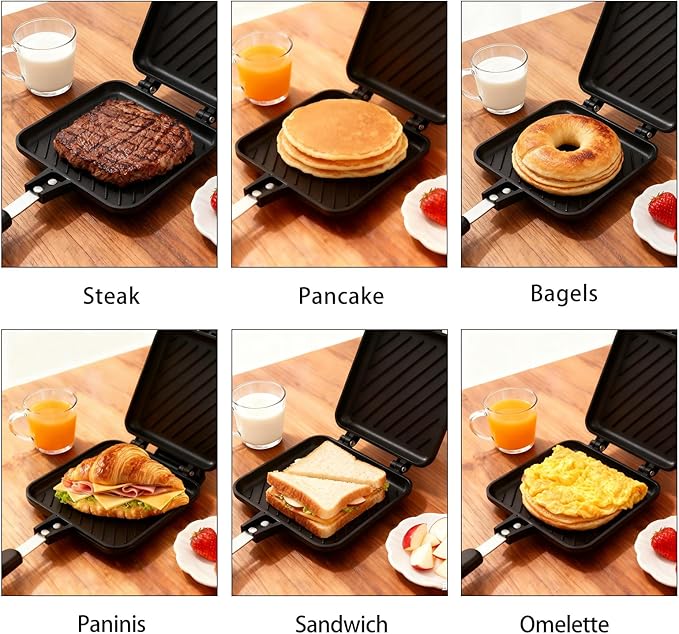 Sandwich Maker, Nonstick Panini Maker Pan Grilled Stove Top Toasted Pan, Double Sided Cheese Press with Handle for Breakfast, Camping, Home, Kitchen 5.82" W x 13.07" L