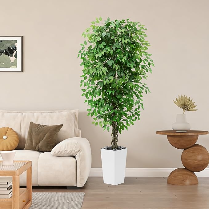 Artificial Ficus Tree 6FT Faux Plants Indoor Tall Fake Plants with White Planter, Green Lifelike Lush Fake Ficus Tree for Home Living Room Bedroom Outdoor Balcony House Office Decor