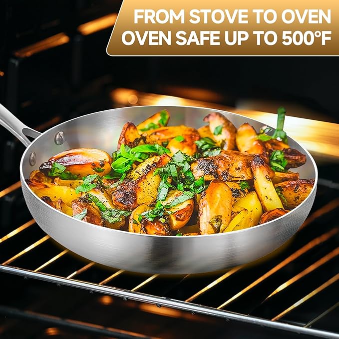 Inqibee Tri-Ply Stainless Steel Frying Pan Set of 3 with Lid,Skillets,Induction Cooking Pans Set,Riveted Handle,Eevn Heating and Oven Safe,8-9.5-11 Inch